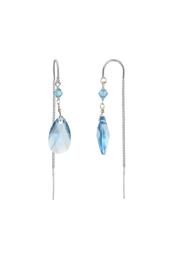 Sterling Silver Box Chain Threader Drop Earrings made with Austrian Aquamarine Colored Crystals
