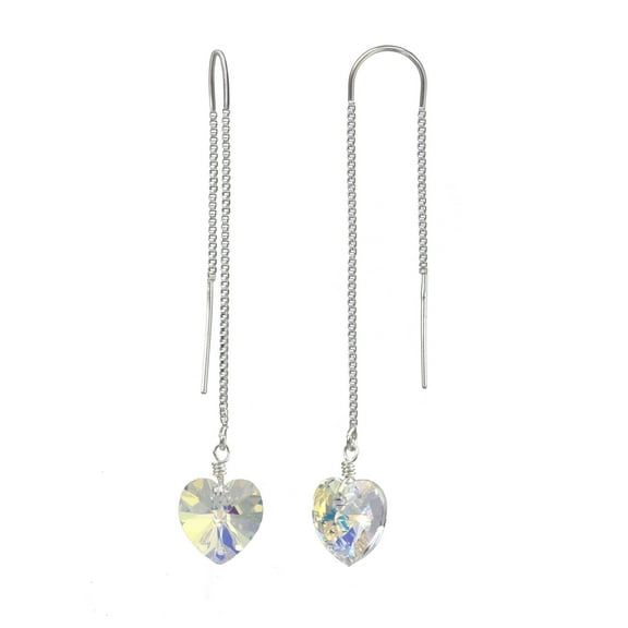 Sterling Silver  Threader Earrings Made With Austrian Aurora Borealis Heart Shape Drops for Adults
