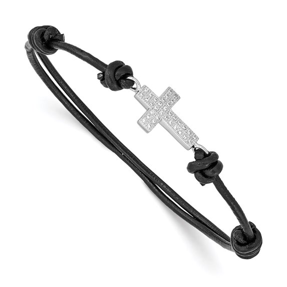 Sterling Silver Bracelet Adjustable & Stretch Wrap Leather Cubic Zirconia mm in CZ Cross Black