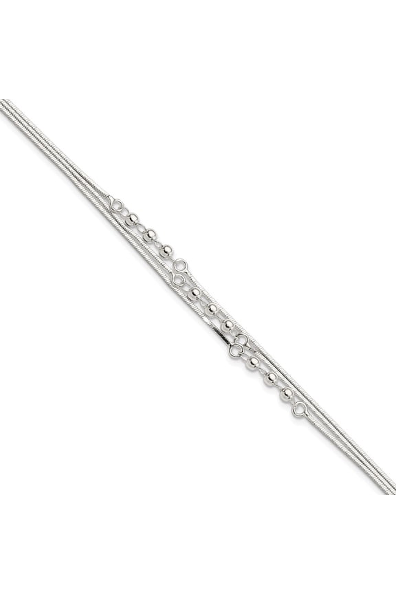 Sterling Silver Bracelet Bead and Beaded Snake Women's 3.2 mm 7.5 in Polished 3-Strand 7.5in