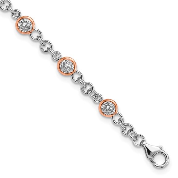 Sterling Silver Bracelet CZ Link, Other Women's Cubic Zirconia Round 4 mm 7.25 in Cheryl M and Rose Gold-plated Accent Brilliant-cut Bezel 11 Station