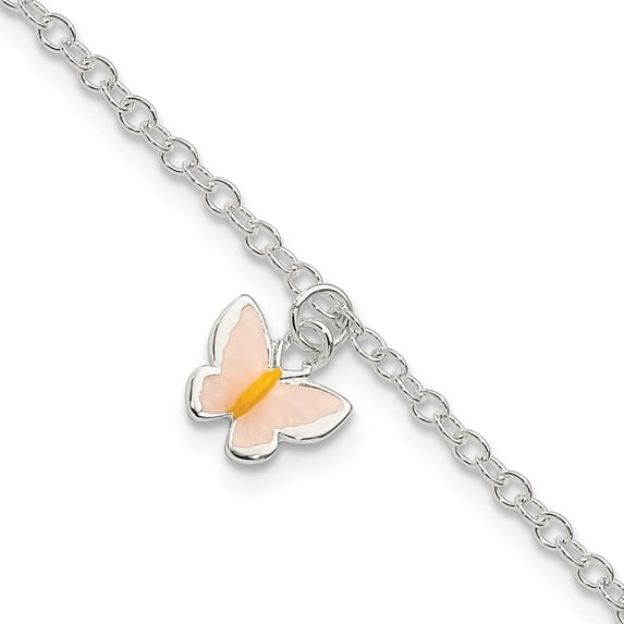 Sterling Silver Bracelet Childrens Cable Girl's 9 mm 7 in Polished Enamel Butterfly w/ 1.5in ext.