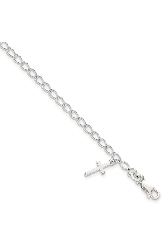 Sterling Silver Bracelet Childrens Curb Girl's 12 mm 7 in Polished Latin Cross Charm with 1in Ext. Children's Bracele