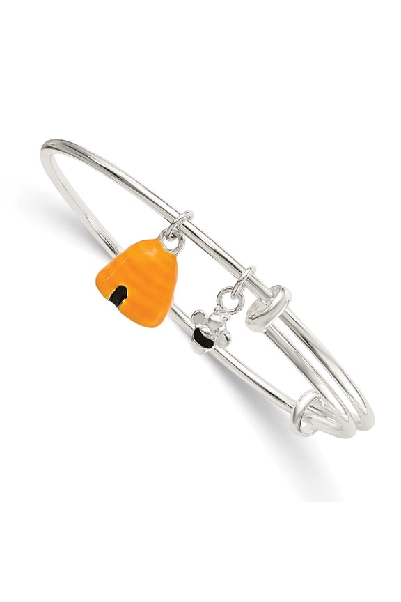 Sterling Silver Bracelet Childrens Girl's 9 mm in Yellow & Black Enameled Bee Beehive Children's Bangle