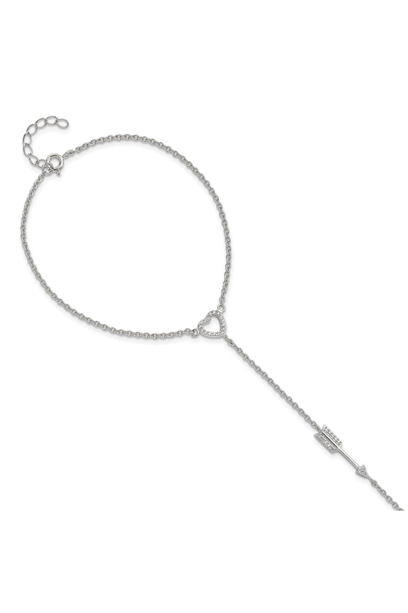 Sterling Silver Bracelet Contemporary Cable Women's Cubic Zirconia mm 7 in Polished CZ Heart/Arrow Attached Ring/Bracelet