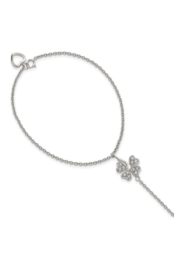 Sterling Silver Bracelet Contemporary Cable Women's Cubic Zirconia mm 7 inlat Polished CZ Four Leaf Clover Attached Ring/Bracelet
