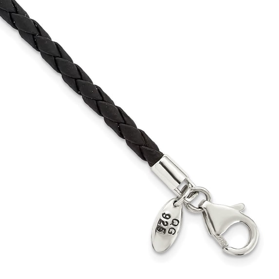 Sterling Silver Bracelet Cord, Leather & Rubber 3 mm 7.5 in Reflections Black Bead