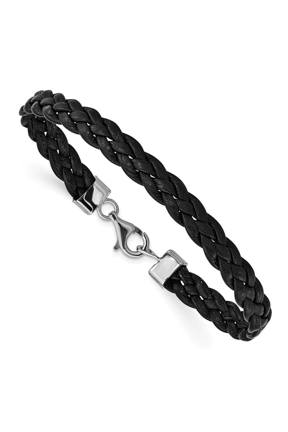 Sterling Silver Bracelet Fancy Leather 8 mm 7 in Black Braided