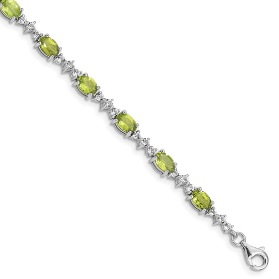 Sterling Silver Bracelet Gemstones August Women's Peridot Oval 4 mm 7 in White Topaz