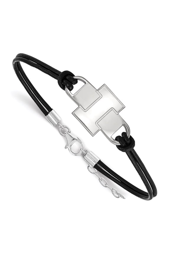 Sterling Silver Bracelet NCAA University of Illinois 24 mm 7 in LogoArt Letter I Small Center Black Leather with Extender