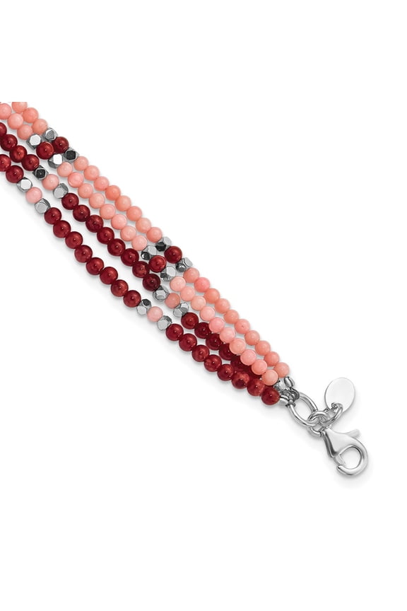 Sterling Silver Bracelet Natural Stone/Wood Women's 11.75 mm 8.5 in Hematite, Red & Peach Coral 4-Strand w/1in ext.