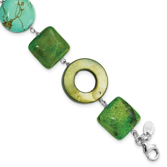 Sterling Silver Bracelet Natural Stone/Wood Women's Mother of Pearl 20.3 mm 8.5 in Chrysocolla, Dyed Howlite & w/ 1.5in ext