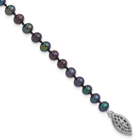 Sterling Silver Bracelet Pearl Women's Round 5 mm 7.25 ined 4-5 Black FWC