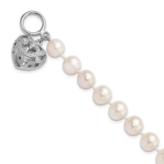 Sterling Silver Bracelet Pearl Women's Round 8.5 mm 7.5 in Rhodium-plt 8-9 White FWC Heart Toggle
