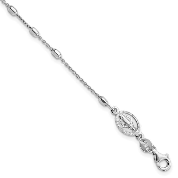 Sterling Silver Bracelet with station Cable Women's 3 mm 7 in Rhodium Plated Polished Beaded Cross