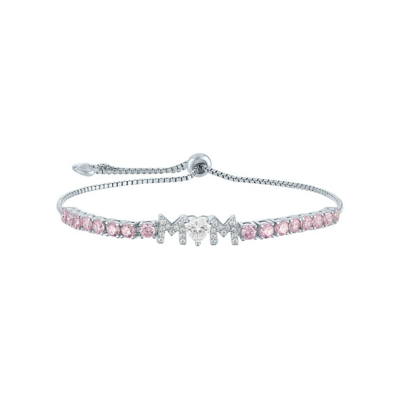 Sterling Silver Brass Plated Simulated Pink Sapphire and CZ Mom Adjustable Bracelet
