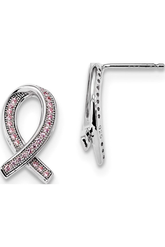 Brilliant Embers Sterling Silver Rhodium-plated 52 Stone Micro Pav Pink CZ Awareness Ribbon Post Earrings