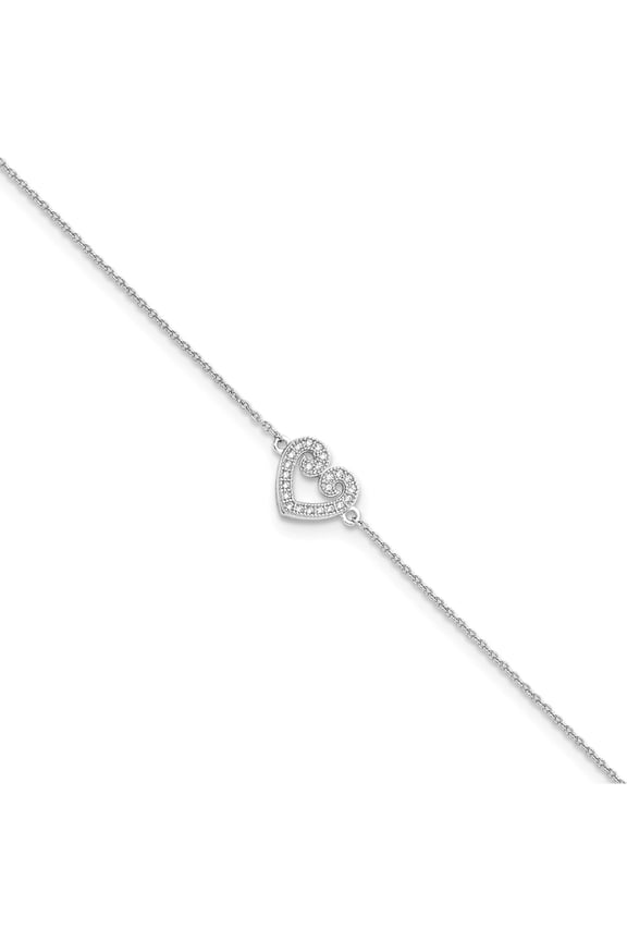 Brilliant Embers Sterling Silver Rhodium-plated 23 Stone 9 inch Micro Pav CZ Heart Anklet with 1 Inch Extender