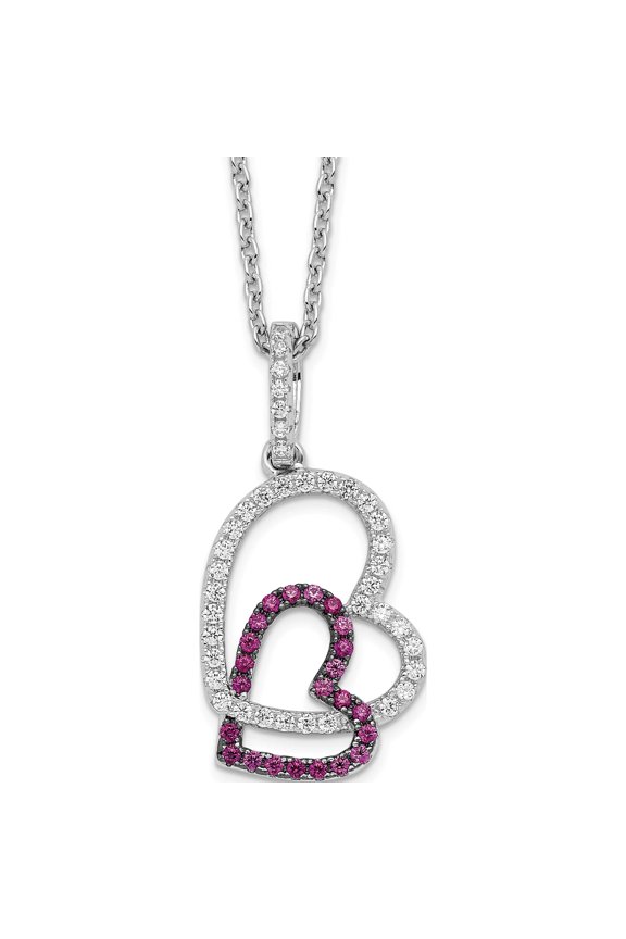 Brilliant Embers Sterling Silver Rhodium-plated 62 Stone 18 inch Micro Pav Red and White CZ Heart Necklace with 2 Inch Extender