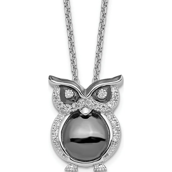 Sterling Silver Brilliant Embers Rhodium-Plated Cz Owl Necklace Made In China qmp835-18