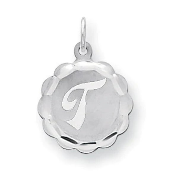The Black Bow Sterling Silver, Sarah Collection 15mm Brocaded Disc Initial T Pendant