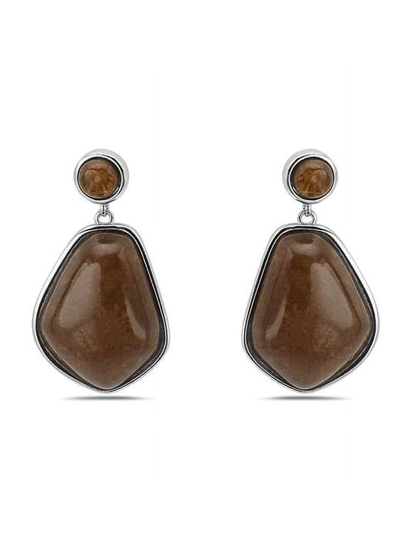 Sterling Silver Brown Agate Irregular Shape Dangle Earring