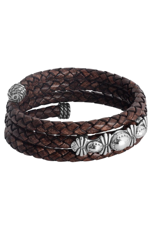 Sterling Silver Brown Braided Leather Coil Wrap Bracelet, One Size Fits Most