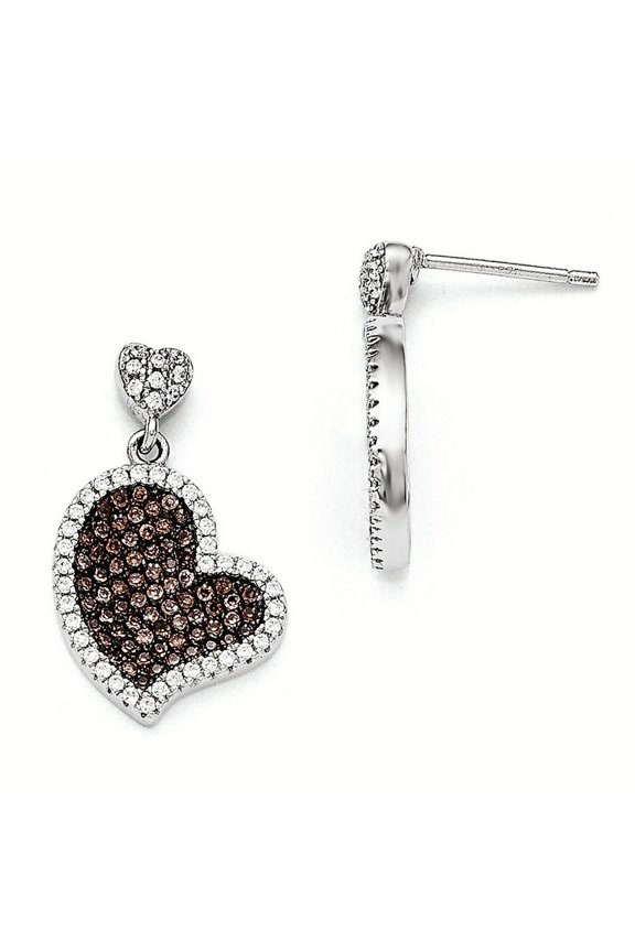 Sterling Silver Brown & Clear CZ True Fire Heart Dangle Post Earrings Sterling Silver Earrings