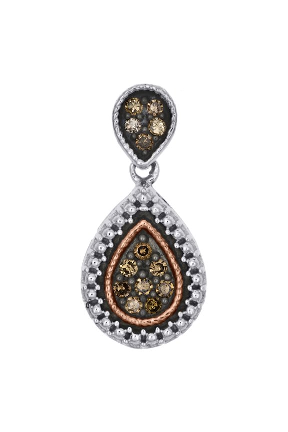 Sterling Silver Brown Diamond Teardrop Cluster Pendant Dangle Drop Charm 1/6 CT.