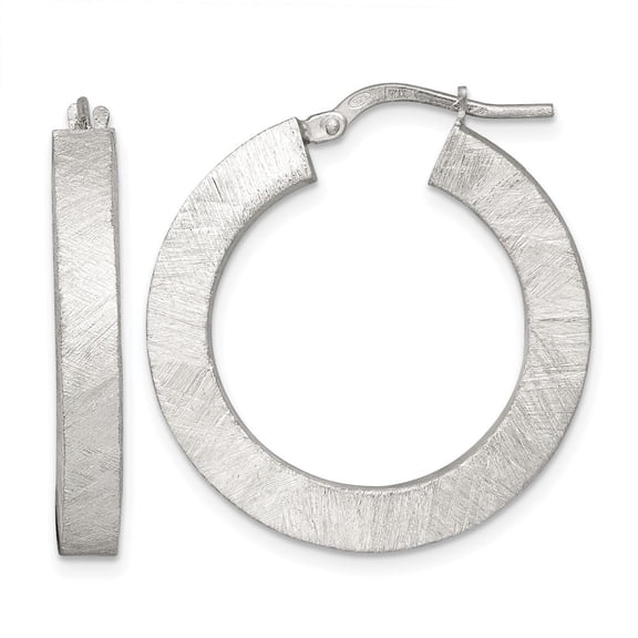 Sterling Silver Brushed Textured 4.25mm x 28mm Square Tube Hoop Earrings