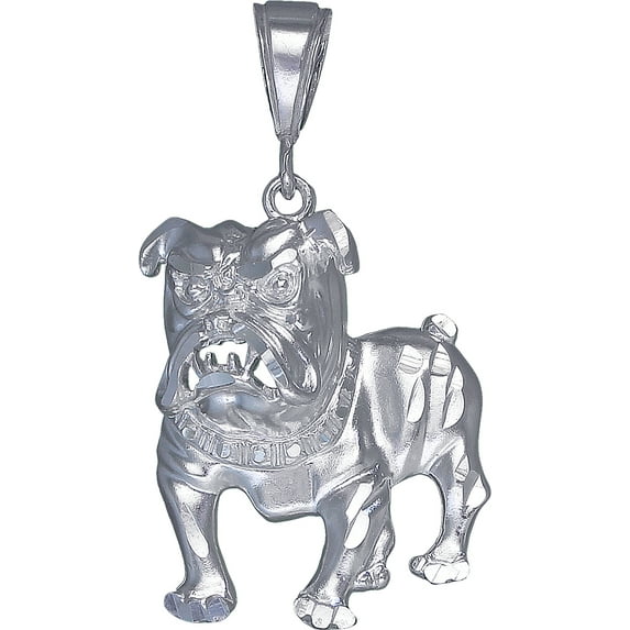 Sterling Silver Bulldog Charm Pendant Necklace with Diamond Cut Finish and 24 Inch Figaro Chain