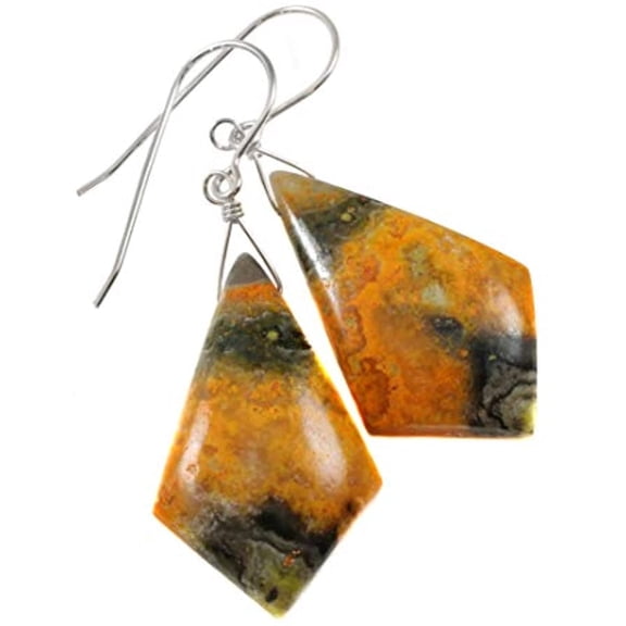 Sterling Silver Bumble Bee Jasper Earrings Large Pointed Triangle Teardrops Smooth Cut Yellow Orange Dangles Designed for Adult Women