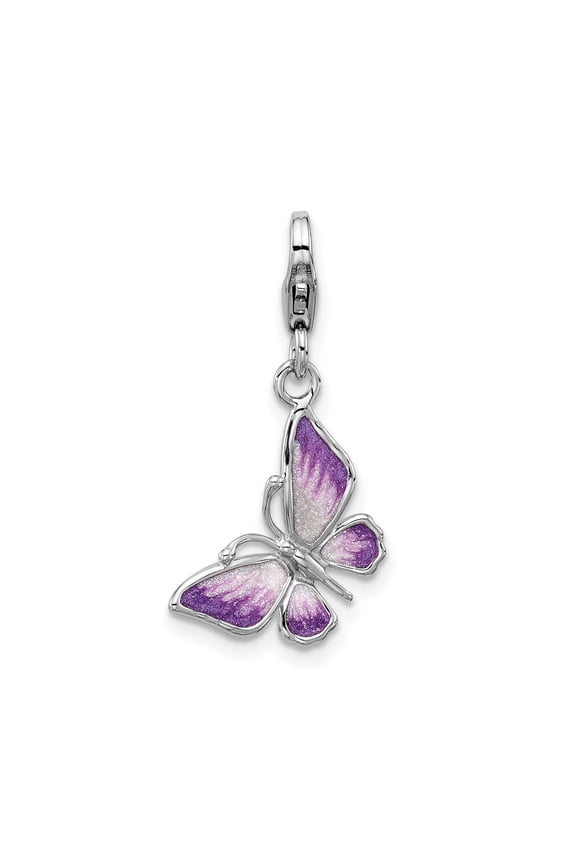 Sterling Silver Butterfly Charm with Purple and White Enamel for Women, Nature Symbol Jewelry with Lobster Clasp for Bracelet or Necklace