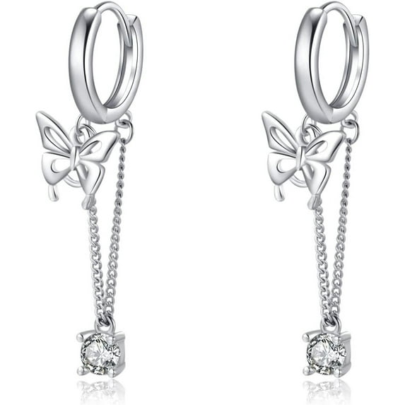 Sterling Silver Butterfly Drop Dangle Small Hoop Earrings Chain for Women Teens CZ Butterfly Hoop Earrings Huggie