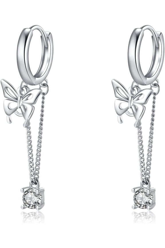 Sterling Silver Butterfly Drop Dangle Small Hoop Earrings Chain for Women Teens CZ Butterfly Hoop Earrings Huggie