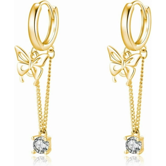 Sterling Silver Butterfly Drop Dangle Small Hoop Earrings Chain for Women Teens CZ Butterfly Hoop Earrings Huggie