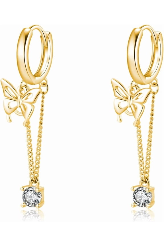 Sterling Silver Butterfly Drop Dangle Small Hoop Earrings Chain for Women Teens CZ Butterfly Hoop Earrings Huggie