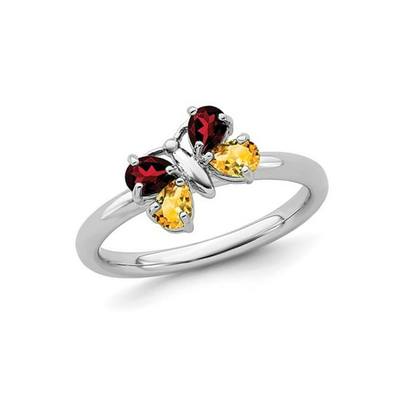 Sterling Silver Butterfly Garnet and Citrine Ring 3/4 Carat (Ctw)