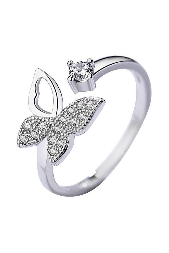 Sterling Silver Butterfly Opening Ring, 925 Silver Korean Style Jewelry for Women, Birthday Gift