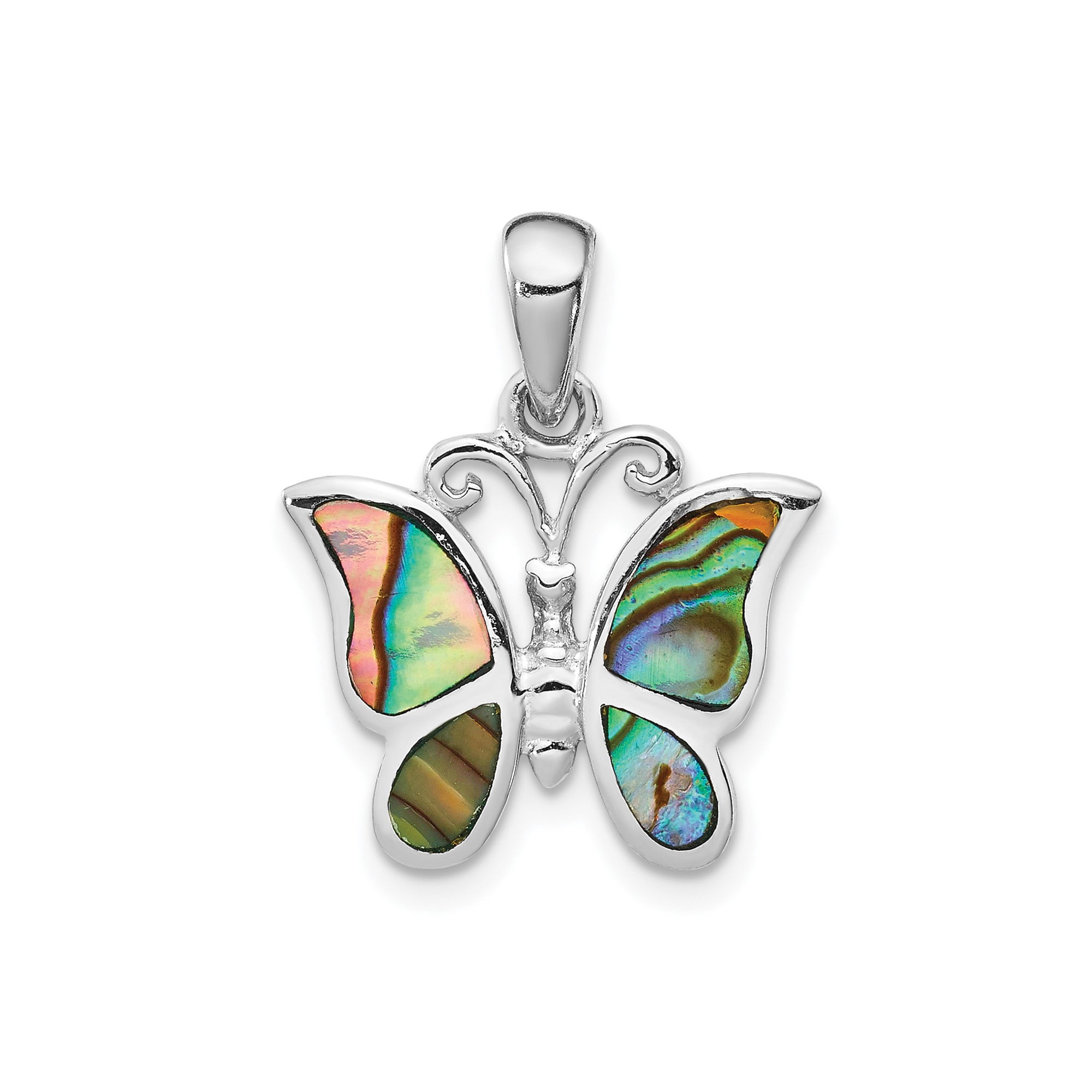 925 Sterling Silver Butterfly Abalone Pendant Charm, Polished Nature Design for Women