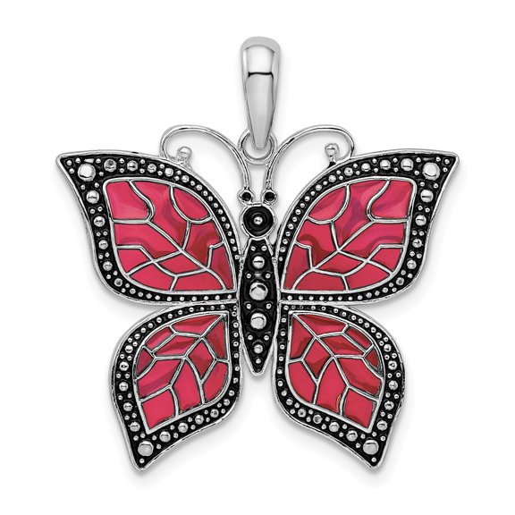 Sterling Silver Butterfly Pendant for Women with Pink Enamel Wings, Marcasite Leaf Accents, Nature Inspired Whimsical Jewelry, Symbol of Beauty and Renewal