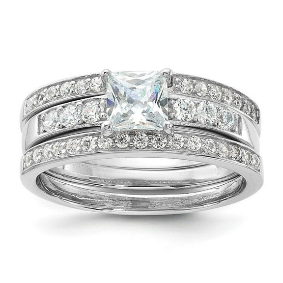 Sterling Silver Rhodium-plated CZ 3 Piece Wedding Set Ring QR2711