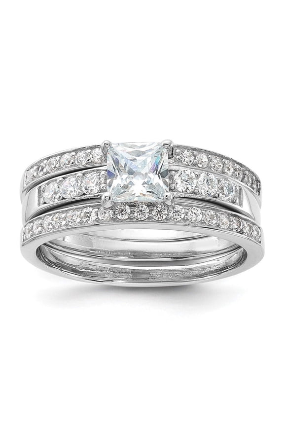 Sterling Silver Rhodium-plated CZ 3 Piece Wedding Set Ring QR2711