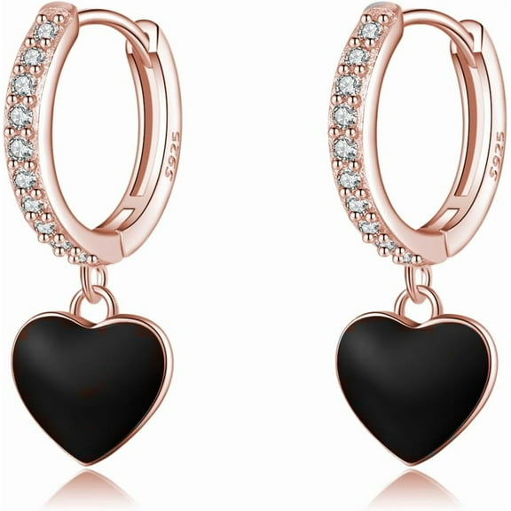 Sterling Silver CZ Black Heart Hoop Earrings for Women Teens Small Love Huggie Hoop Earrings Drop Valentines Day Earrings
