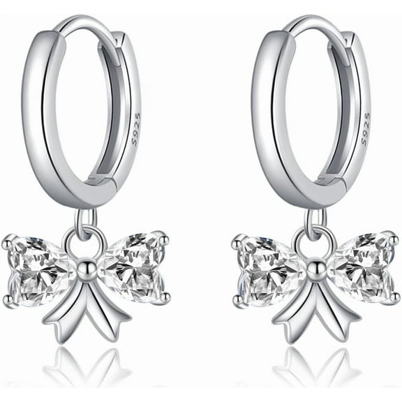 Sterling Silver CZ Bow Hoop Earrings for Women Teens Love Bow Hoop Earrings Huggie Valentines Day Earrings