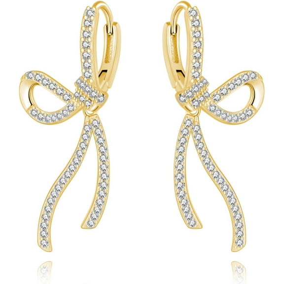 Sterling Silver CZ Bow Hoop Earrings for Women Teens Rhinestone Bow Hoop Earrings Huggie Drop