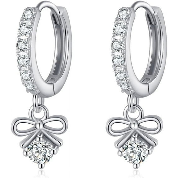 Sterling Silver CZ Bowknot Hoop Earrings for Women Teens Small Bow Hoop Earrings Huggie Drop
