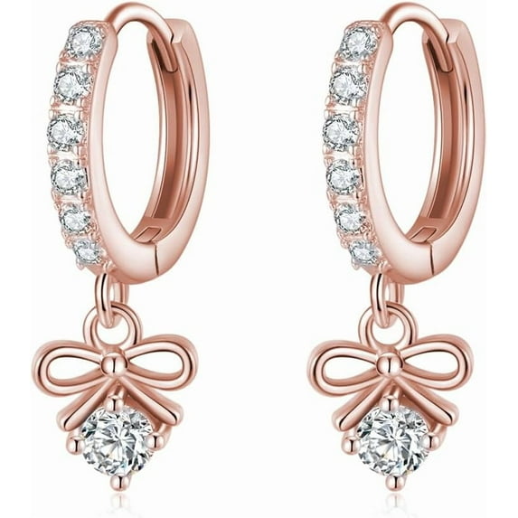 Sterling Silver CZ Bowknot Hoop Earrings for Women Teens Small Bow Hoop Earrings Huggie Drop