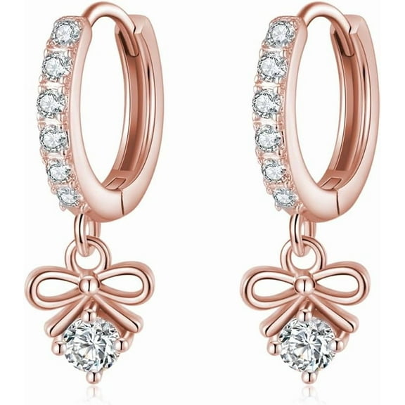 Sterling Silver CZ Bowknot Hoop Earrings for Women Teens Small Bow Hoop Earrings Huggie Drop
