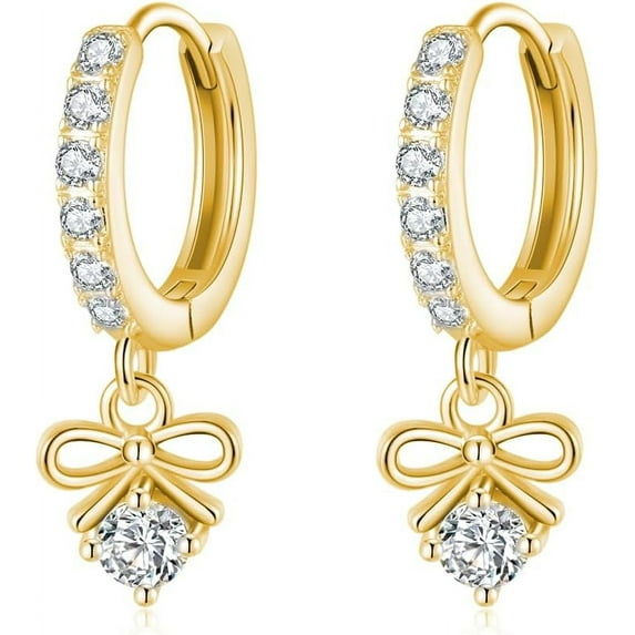 Sterling Silver CZ Bowknot Hoop Earrings for Women Teens Small Bow Hoop Earrings Huggie Drop